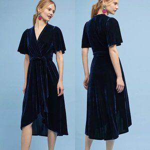 Donna Morgan for Anthropologie navy blue velvet faux wrap dress, size 6